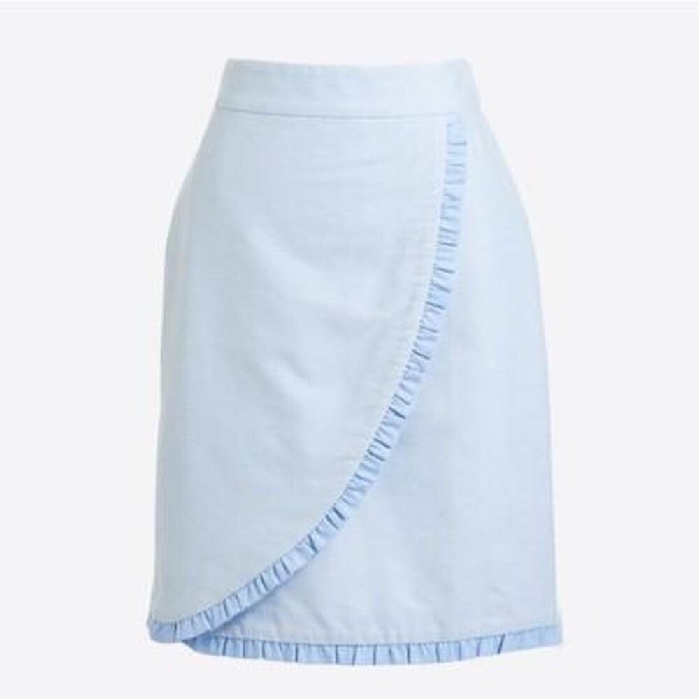 J. Crew Chambray Ruffle Pencil Skirt 2 Lightweight Blue Casual Preppy Cottage